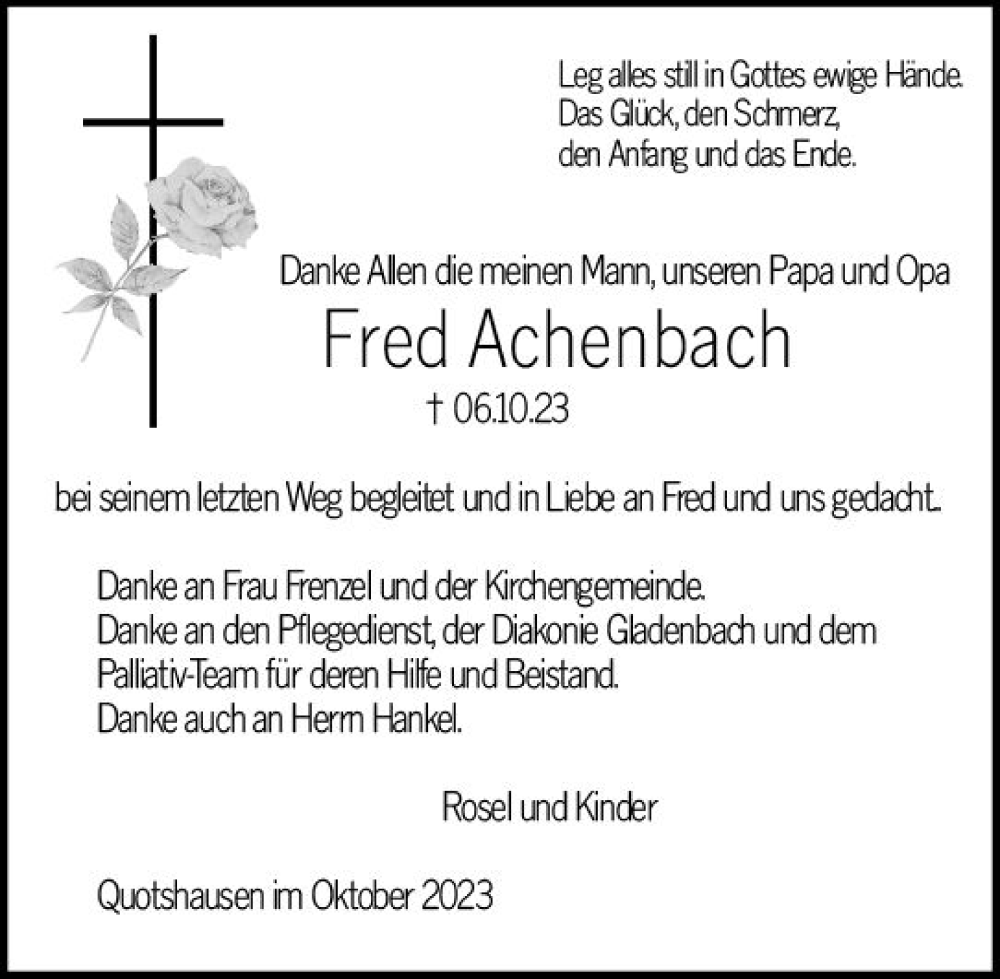  Traueranzeige für Fred Achenbach vom 28.10.2023 aus Hinterländer Anzeiger