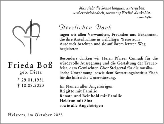 Traueranzeige von Frieda Boß von Oberhessen Kurier