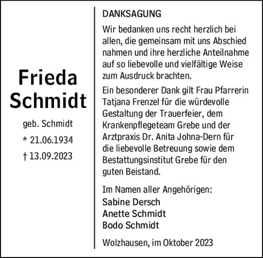  Traueranzeige für Frieda Schmidt vom 21.10.2023 aus Hinterländer Anzeiger
