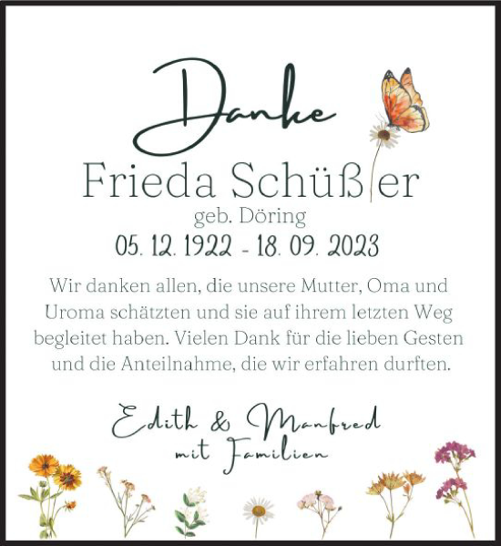 Traueranzeige von Frieda Schüßer von VRM Trauer
