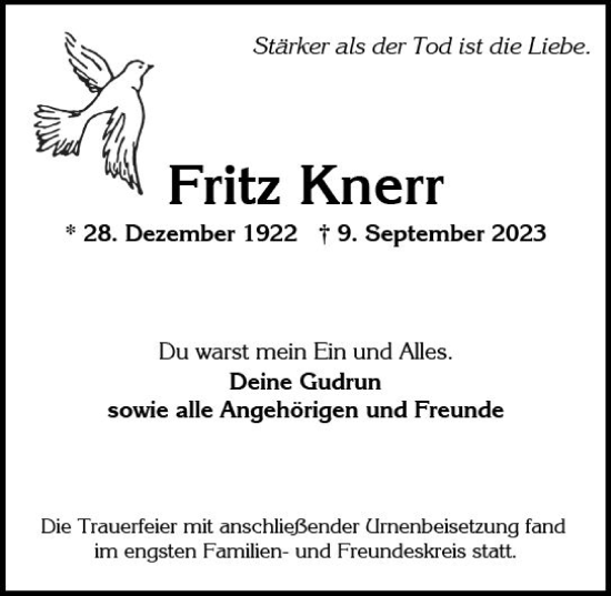 Traueranzeige von Fritz Knerr von Wiesbadener Kurier