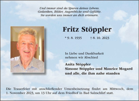 Traueranzeige von Fritz Stöppler von VRM Trauer