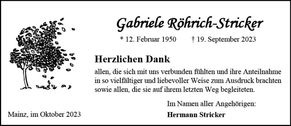  Traueranzeige für Gabriele Röhrich-Stricker vom 14.10.2023 aus Allgemeine Zeitung Mainz
