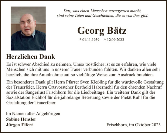 Traueranzeige von Georg Bätz von Oberhessen Kurier