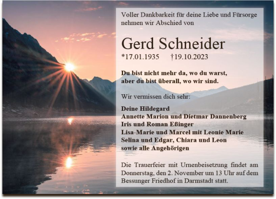 Traueranzeige von Gerd Schneider von Darmstädter Echo