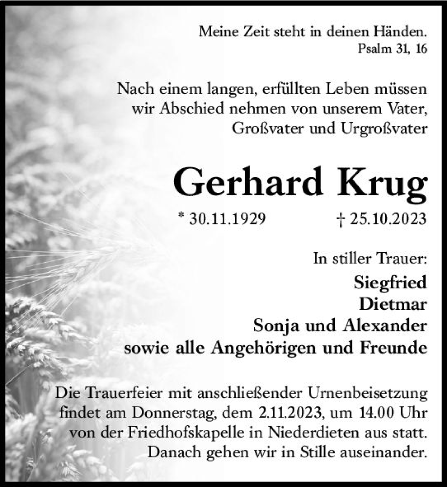  Traueranzeige für Gerhard Krug vom 30.10.2023 aus Hinterländer Anzeiger