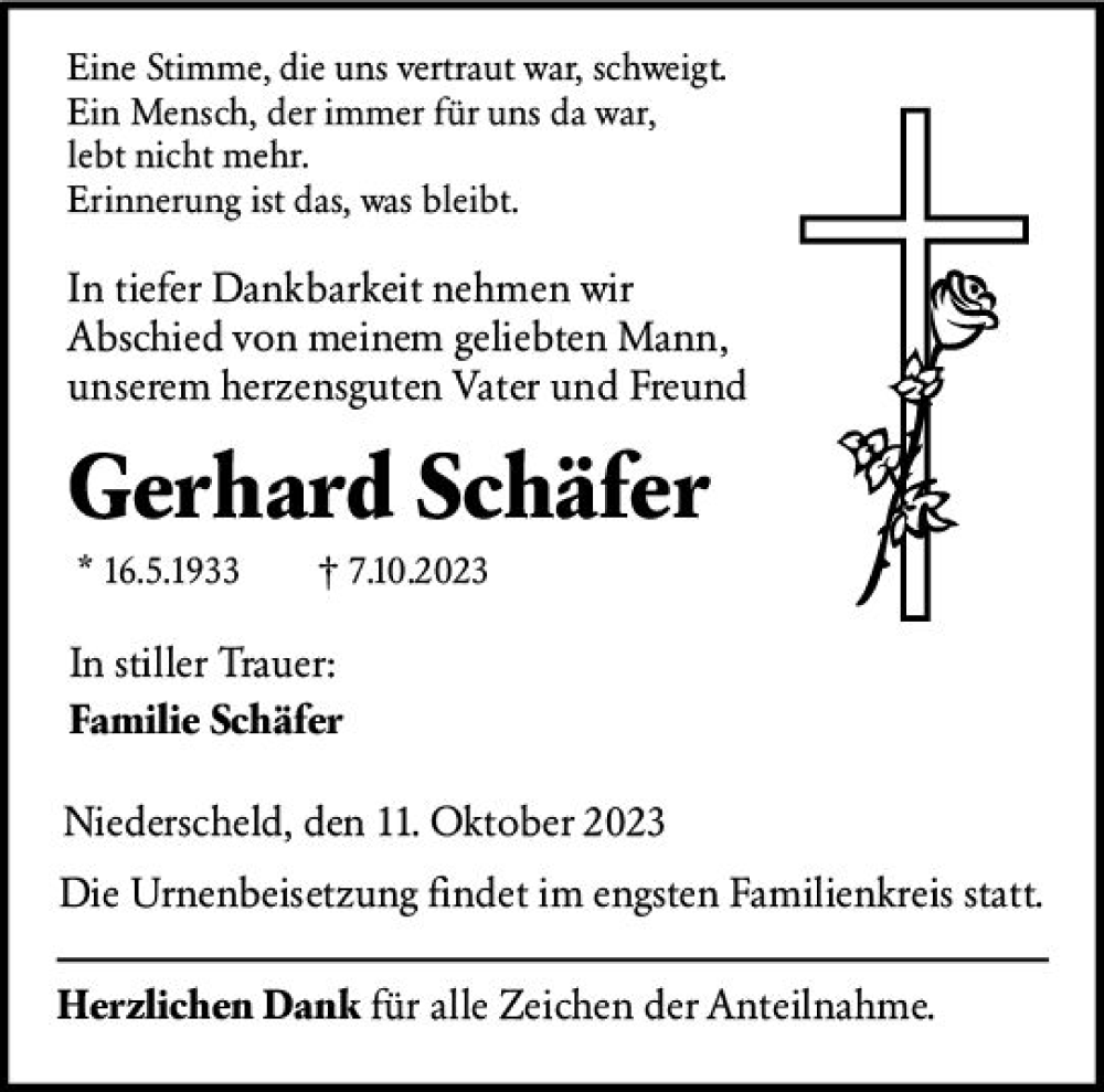  Traueranzeige für Gerhard Schäfer vom 11.10.2023 aus Dill Block