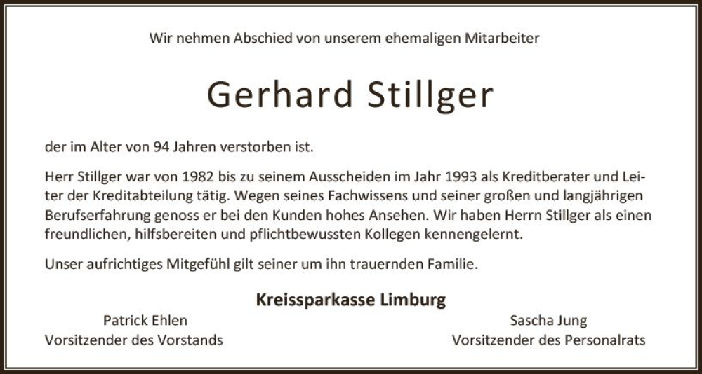  Traueranzeige für Gerhard Stillger vom 20.10.2023 aus Nassauische Neue Presse