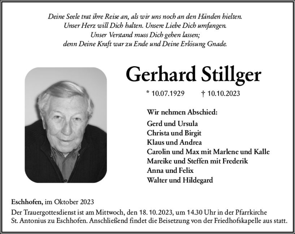  Traueranzeige für Gerhard Stillger vom 14.10.2023 aus Nassauische Neue Presse