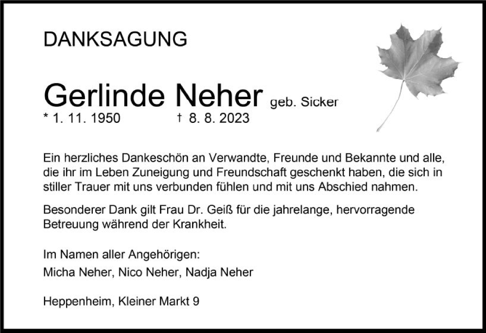  Traueranzeige für Gerlinde Neher vom 07.10.2023 aus Starkenburger Echo