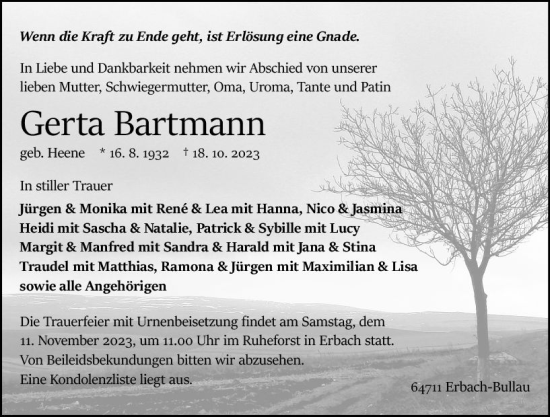 Traueranzeige von Gerta Bartmann von Odenwälder Echo