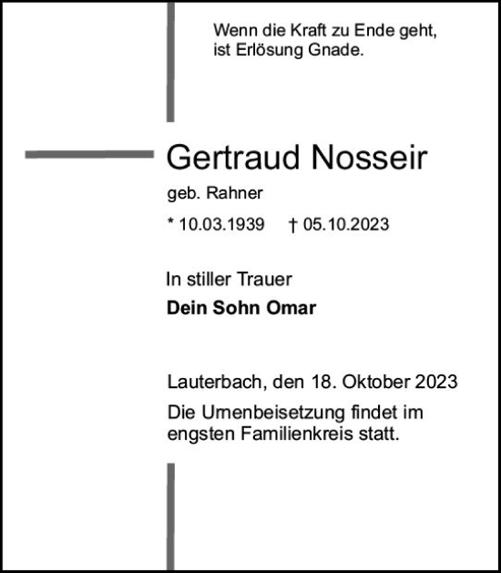 Traueranzeige von Gertraud Nosseir von VRM Trauer