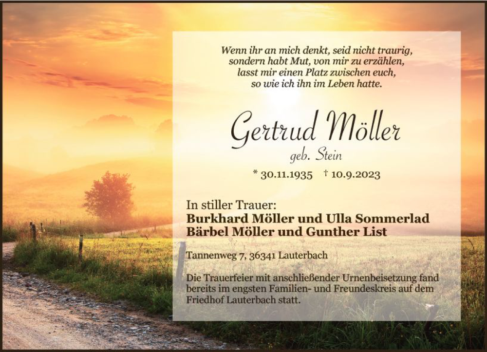  Traueranzeige für Gertrud Möller vom 04.10.2023 aus VRM Trauer