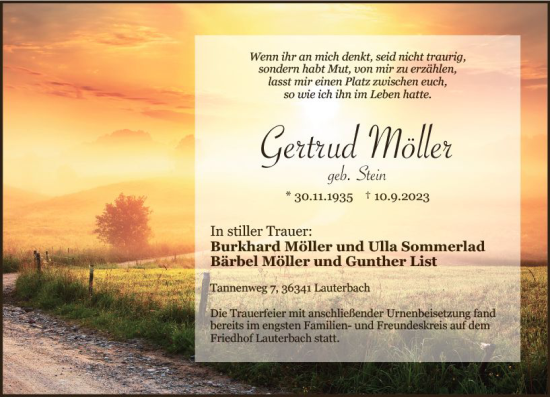 Traueranzeige von Gertrud Möller von VRM Trauer