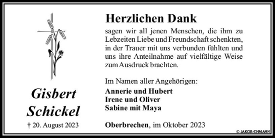 Traueranzeige von Gisbert Schickel von Camberger Anzeiger