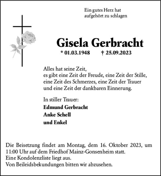 Traueranzeige von Gisela Gerbracht von Allgemeine Zeitung Mainz