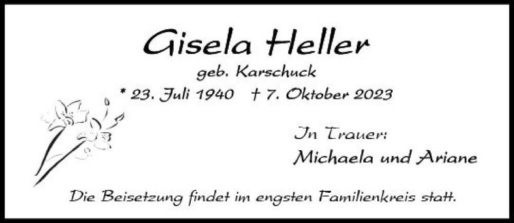  Traueranzeige für Gisela Heller vom 21.10.2023 aus Wiesbadener Kurier