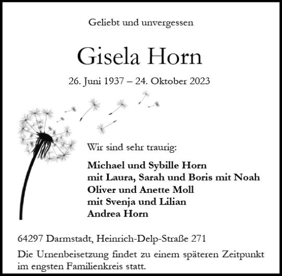 Traueranzeige von Gisela Horn von Darmstädter Echo