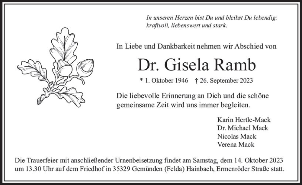 Traueranzeige für Gisela Ramb vom 10.10.2023 aus VRM Trauer