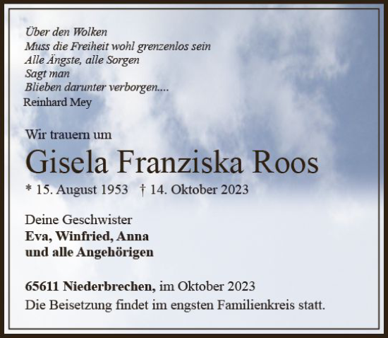 Traueranzeige von Gisela Franziska Roos von Camberger Anzeiger