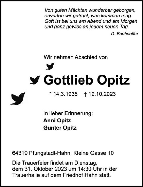 Traueranzeige von Gottlieb Opitz von Darmstädter Echo