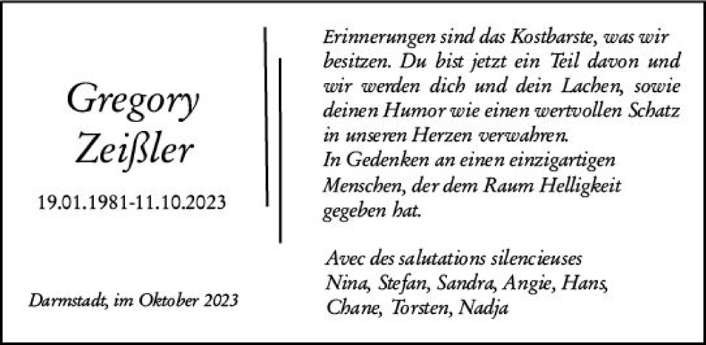  Traueranzeige für Gregory Zeißler vom 17.10.2023 aus Darmstädter Echo
