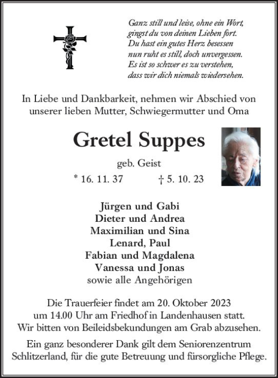 Traueranzeige von Gretel Suppes von VRM Trauer