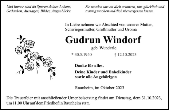 Traueranzeige von Gudrun Windorf von Rüsselsheimer Echo