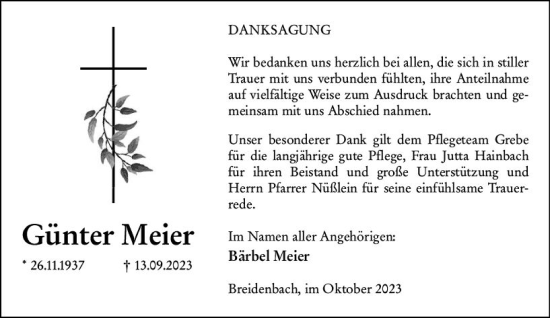 Traueranzeige von Günter Meier von Hinterländer Anzeiger