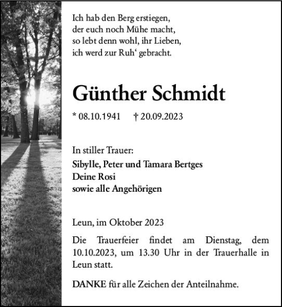Traueranzeige von Günther Schmidt von Wetzlarer Neue Zeitung