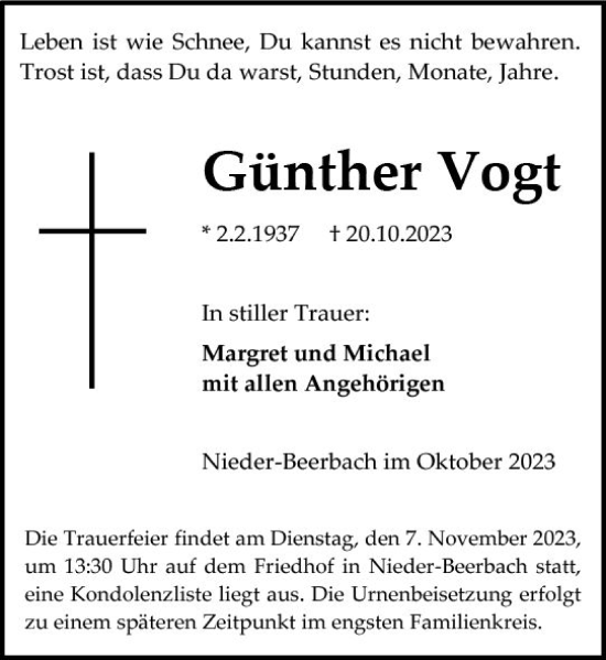Traueranzeige von Günther Vogt von Darmstädter Echo
