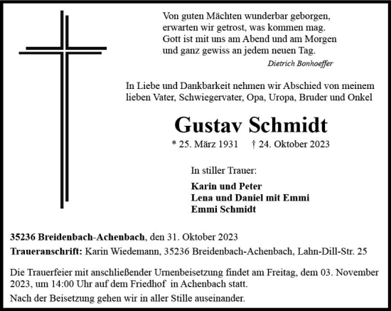 Traueranzeige von Gustav Schmidt von Hinterländer Anzeiger