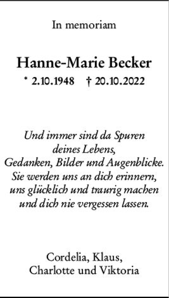 Traueranzeige von Hanne-Marie Becker von Allgemeine Zeitung Mainz