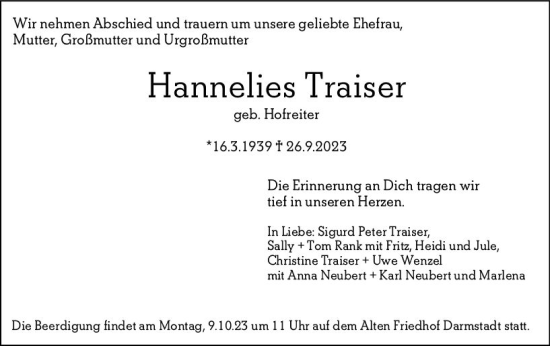 Traueranzeige von Hannelies Traiser von Rüsselsheimer Echo