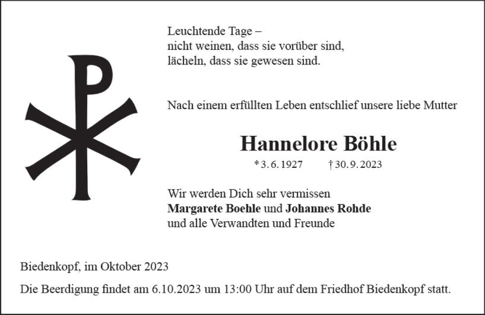  Traueranzeige für Hannelore Böhle vom 04.10.2023 aus Hinterländer Anzeiger