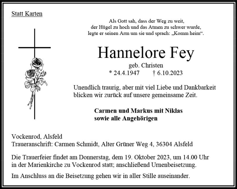 Traueranzeige für Hannelore Fey vom 14.10.2023 aus VRM Trauer