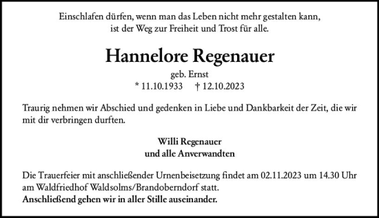 Traueranzeige von Hannelore Regenauer von Wetzlarer Neue Zeitung