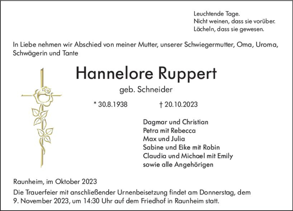  Traueranzeige für Hannelore Ruppert vom 28.10.2023 aus Rüsselsheimer Echo
