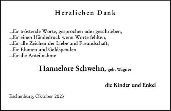 Traueranzeige von Hannelore Schwehn von Dill Block