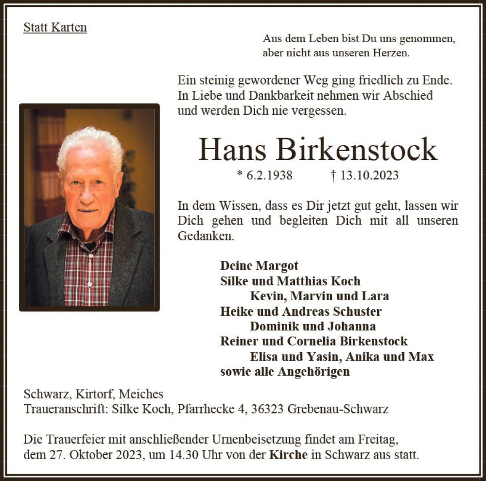  Traueranzeige für Hans Birkenstock vom 21.10.2023 aus Oberhessen Kurier