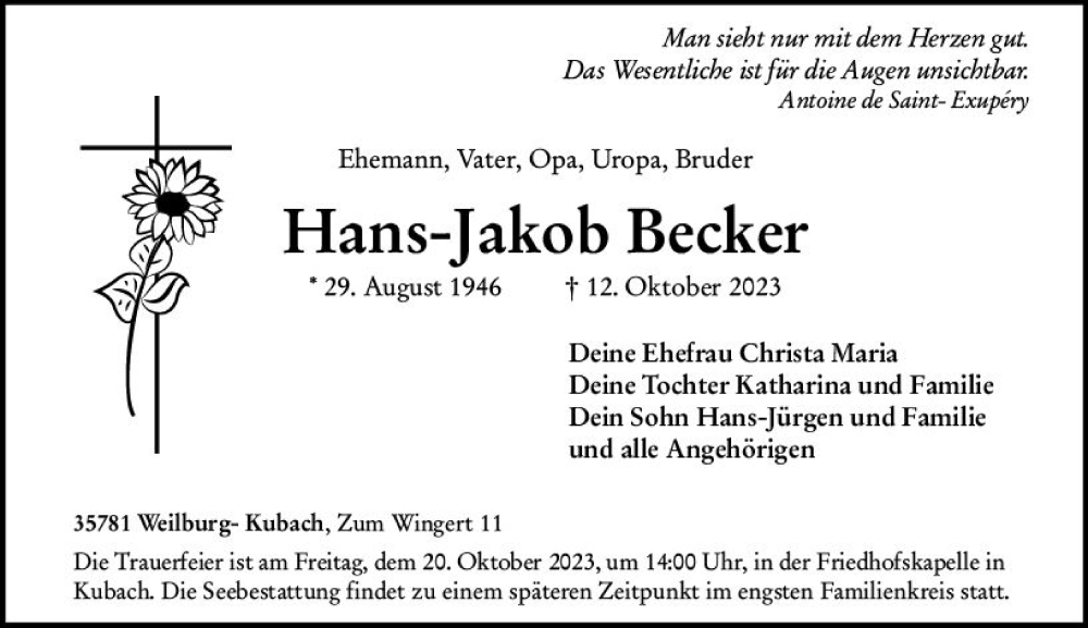  Traueranzeige für Hans-Jakob Becker vom 17.10.2023 aus Weilburger Tageblatt