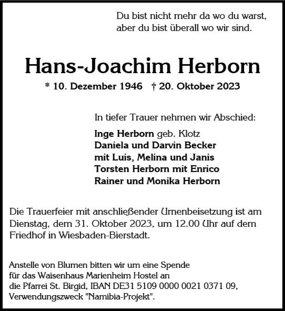  Traueranzeige für Hans-Joachim Herborn vom 28.10.2023 aus Wiesbadener Kurier