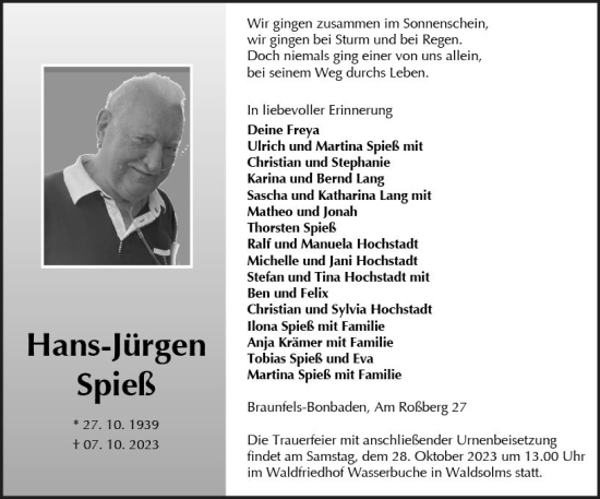 Traueranzeige von Hans-Jürgen Spieß von Wetzlarer Neue Zeitung