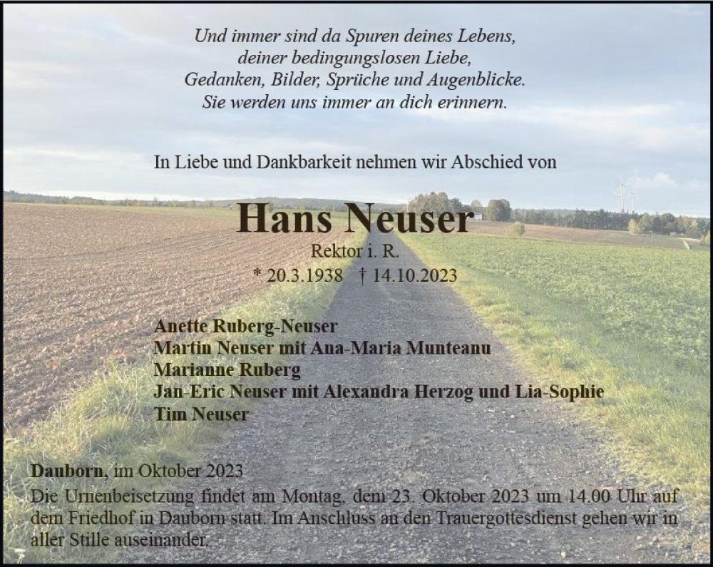  Traueranzeige für Hans Neuser vom 18.10.2023 aus Nassauische Neue Presse