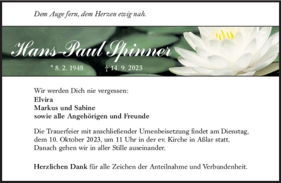 Traueranzeige von Hans-Paul Spinner von Wetzlarer Neue Zeitung