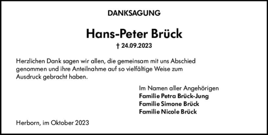 Traueranzeige von Hans-Peter  Brück von Dill Block