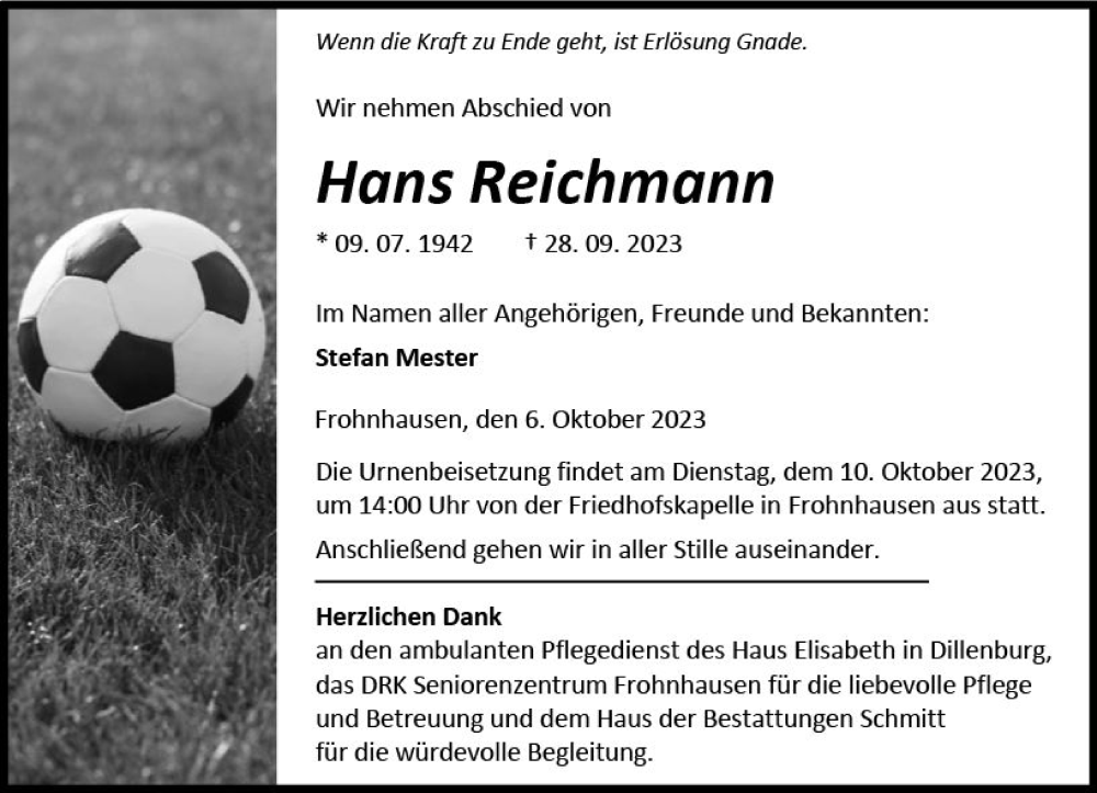  Traueranzeige für Hans Reichmann vom 06.10.2023 aus Dill Block