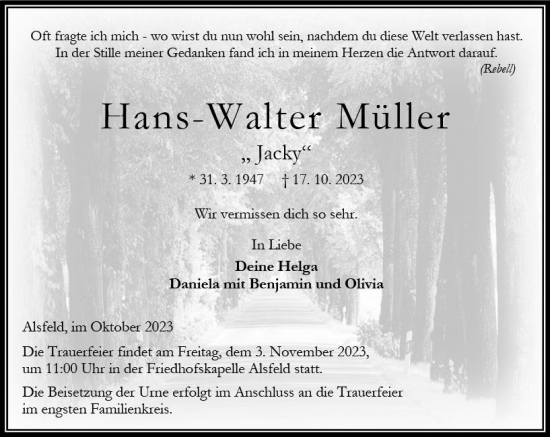 Traueranzeige von Hans-Werner Müller von VRM Trauer