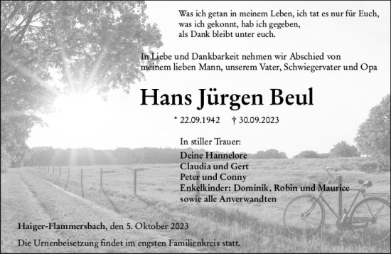 Traueranzeige von Hans Jürgen Beul von Dill Block