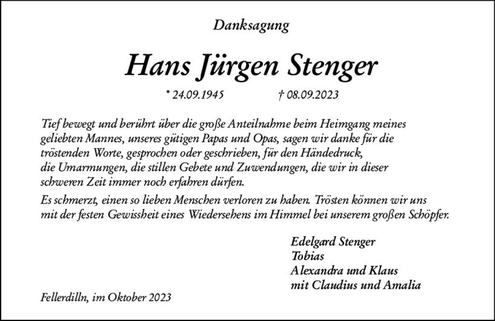  Traueranzeige für Hans Jürgen Stenger vom 14.10.2023 aus Dill Block